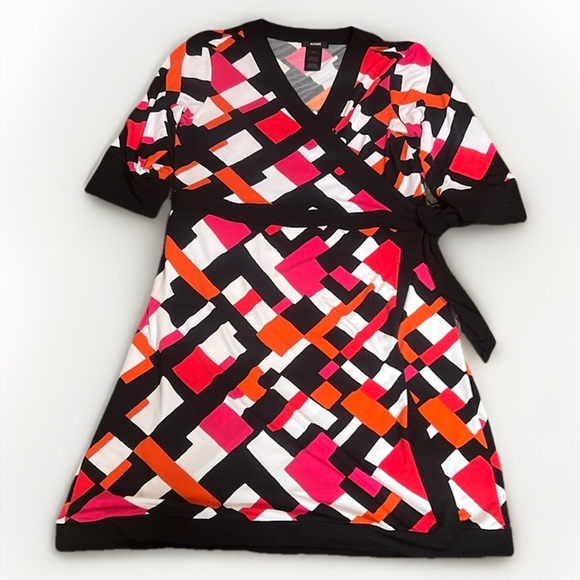 Alfani Wrap Print Stretch Dress Pink Orange Black sz L - Picture 1 of 8